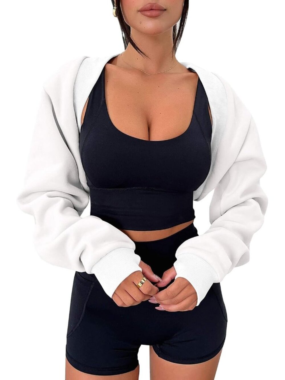 〽️Women’s White Bolero Shrug Cropped Sweatshirt Long Sleeve Thumb Hole Y2K Top